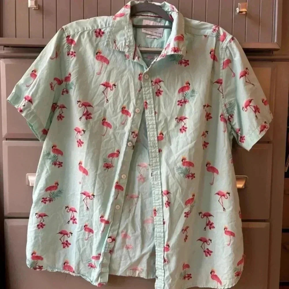 Men’s Denim and Flower Hawaiian Tropical Flamingo Short Sleeve Button
